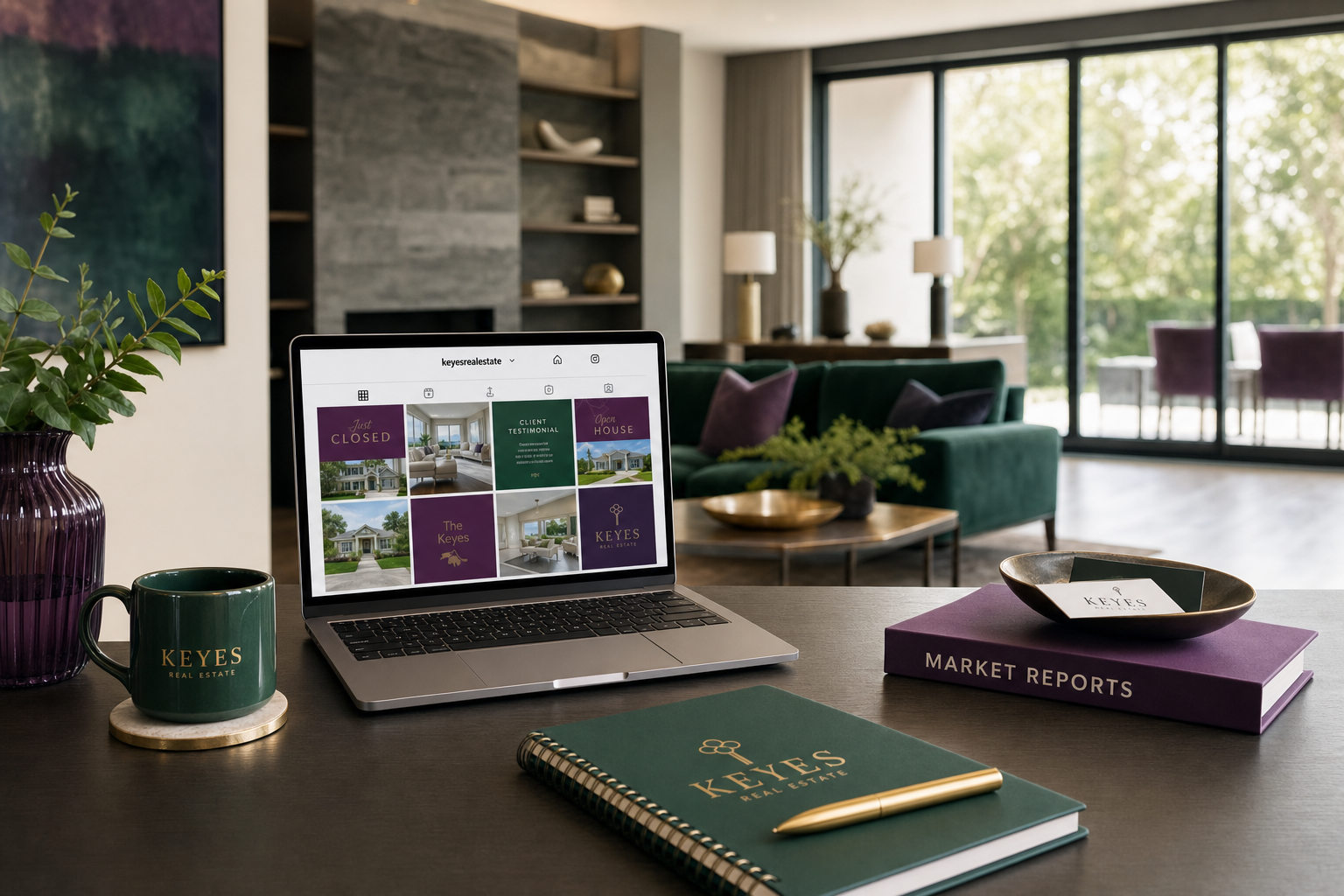 Real estate agent's laptop showing branded social content