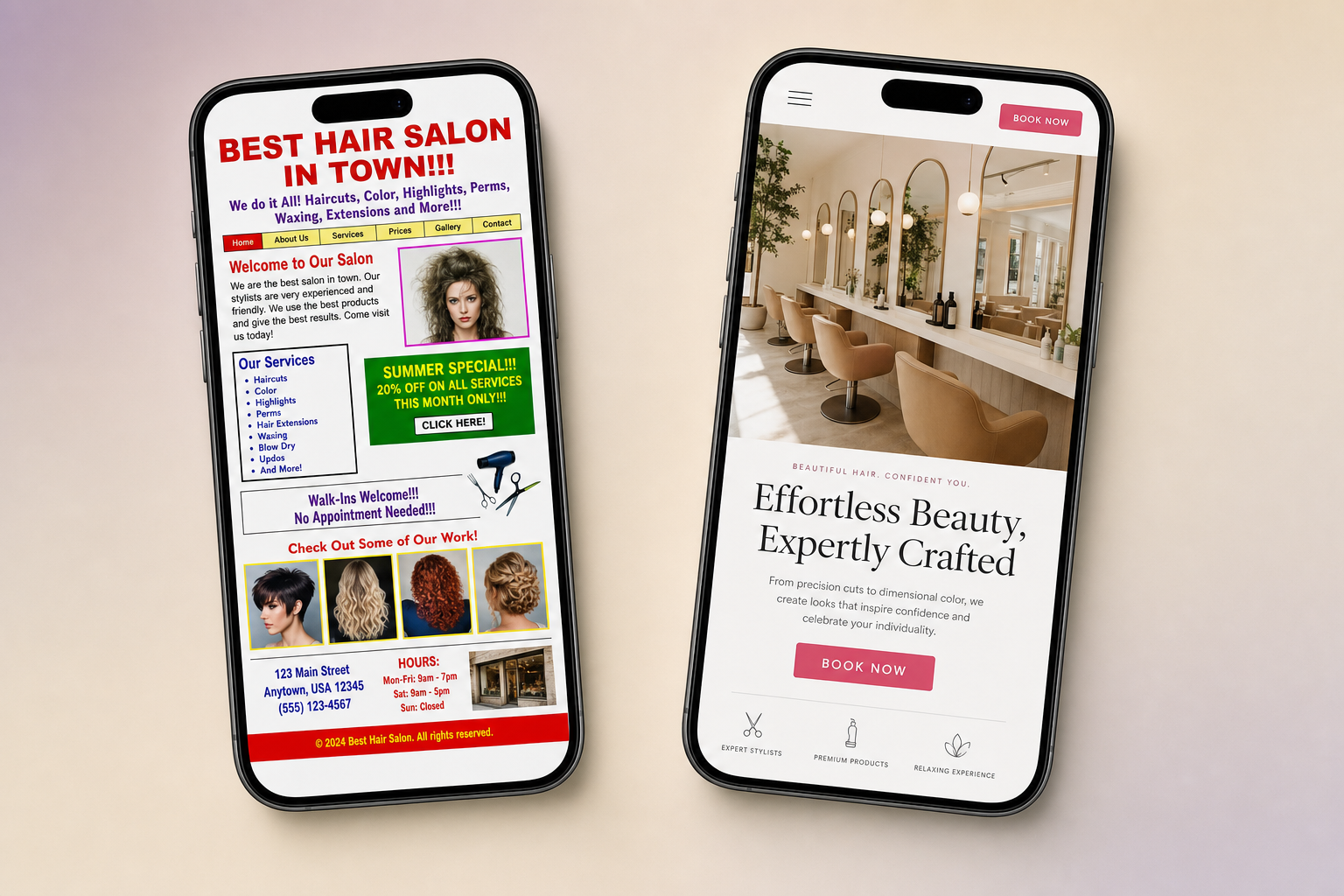 A dated cluttered website compared to a clean modern professional website