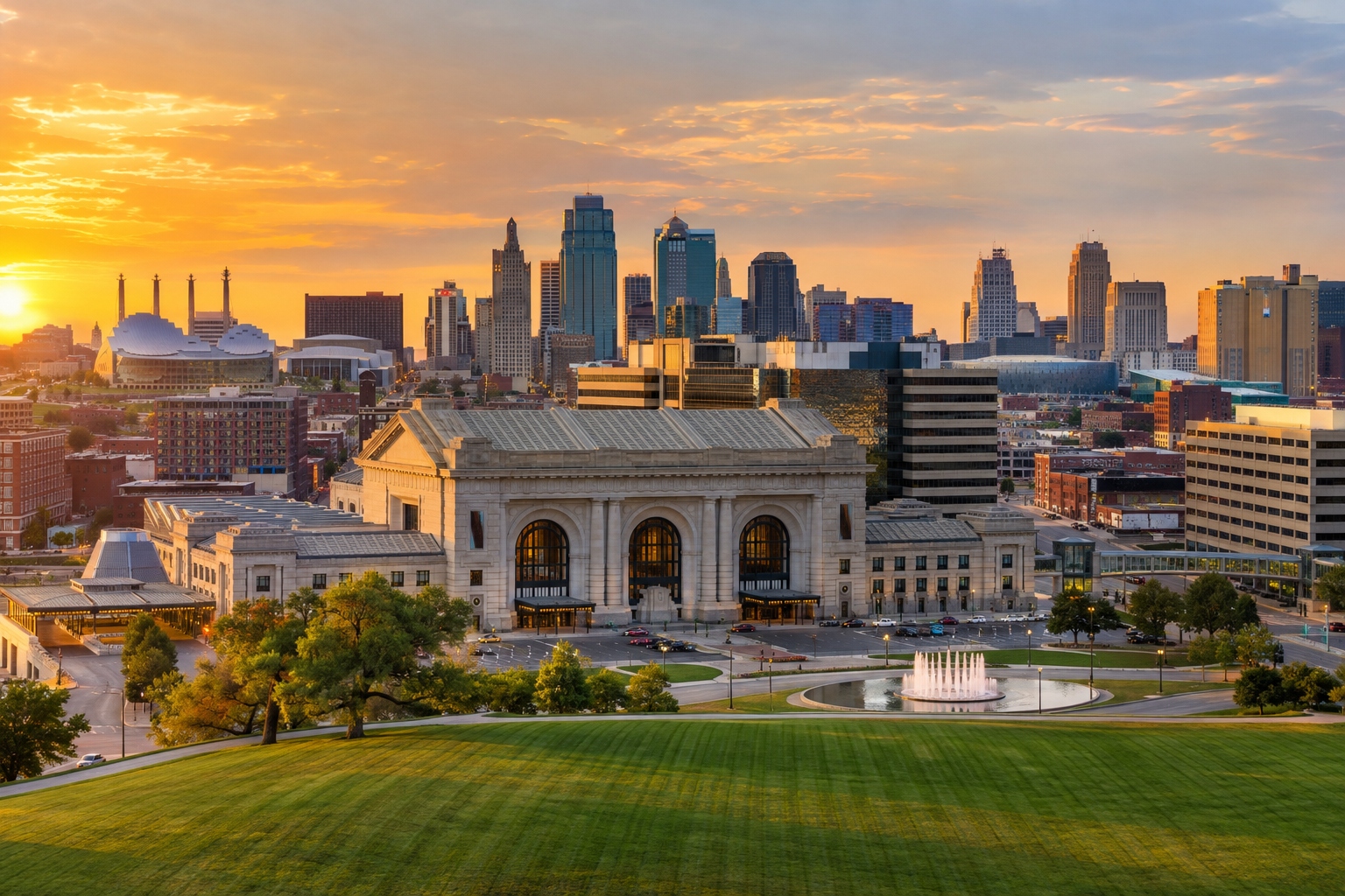 Kansas City skyline at sunset with Union Station in the foreground