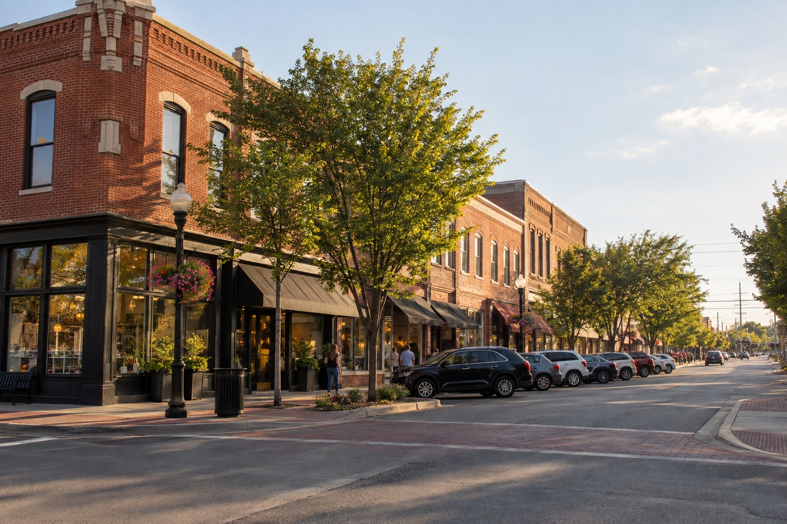 Local main street with brick storefronts and awnings